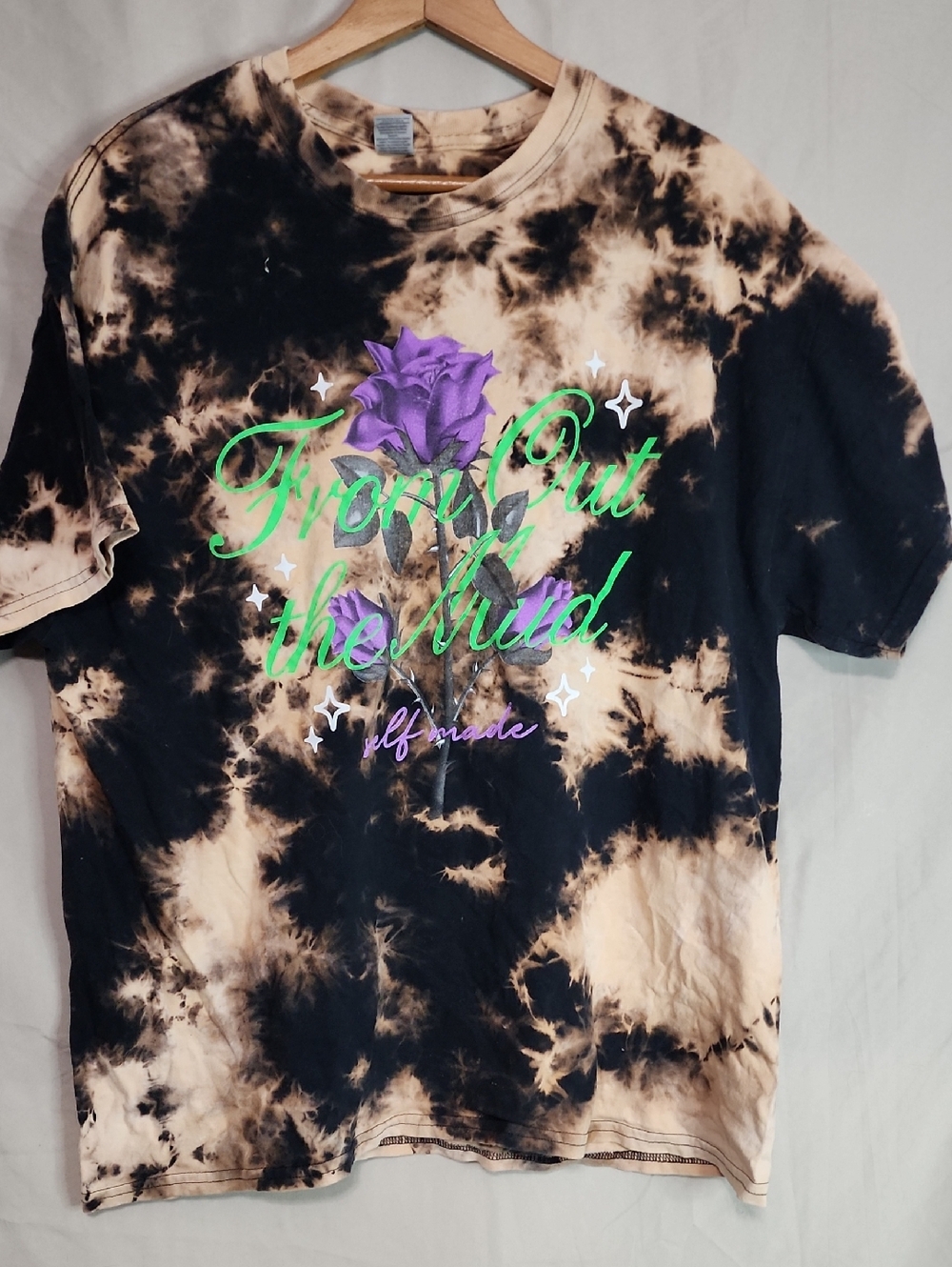 Gildan Black & Tan Tie-Dye Kids Tee with Purple Rose Graphic